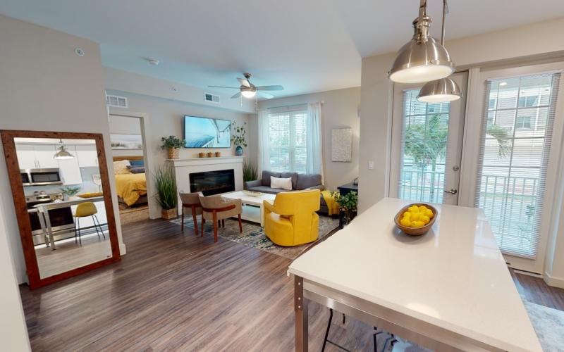 a living room with a dining table