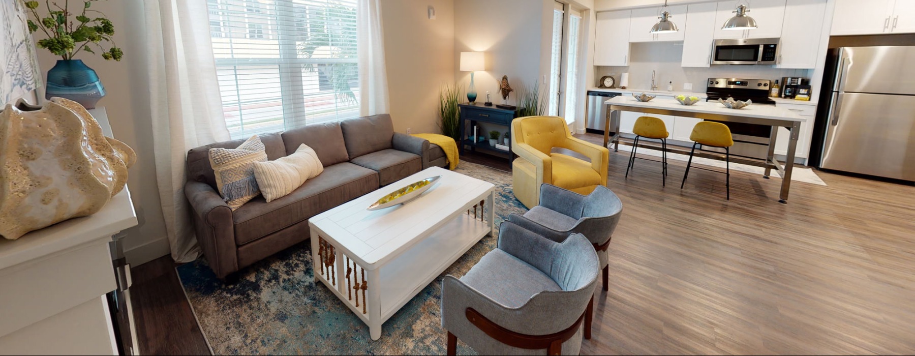 a living room with a wood floor
